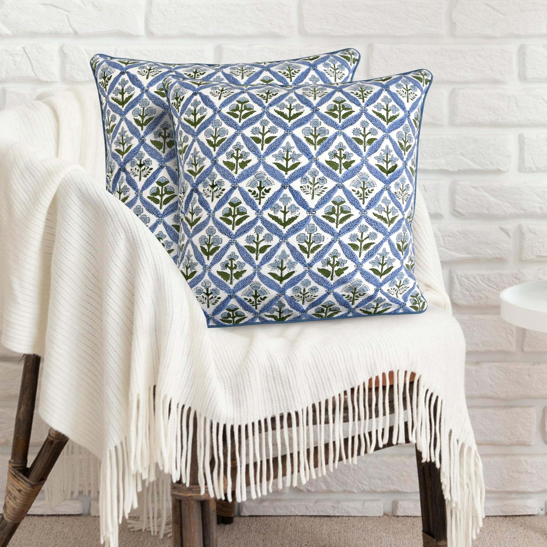 Ridhi Powder Blue & Light Steel Blue Block Print Pillow Covers – Set of 4 (20x20) Grandmillennial & Boho Cotton Throw Pillow Covers for Couch, Sofa, Bedroom, Living Room, Home Decor - Image 7