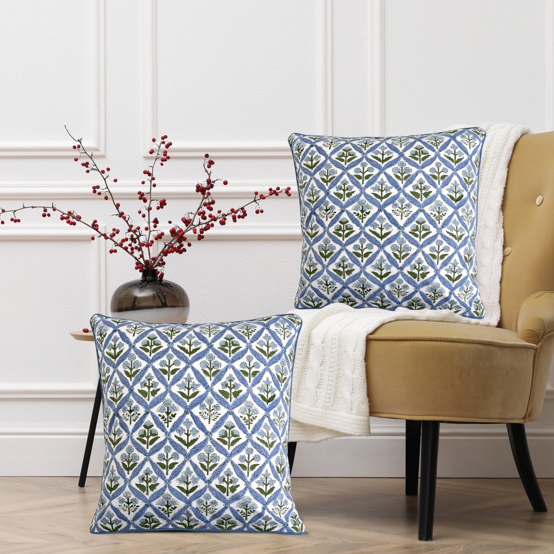 Ridhi Powder Blue & Light Steel Blue Block Print Pillow Covers – Set of 4 (20x20) Grandmillennial & Boho Cotton Throw Pillow Covers for Couch, Sofa, Bedroom, Living Room, Home Decor - Image 9