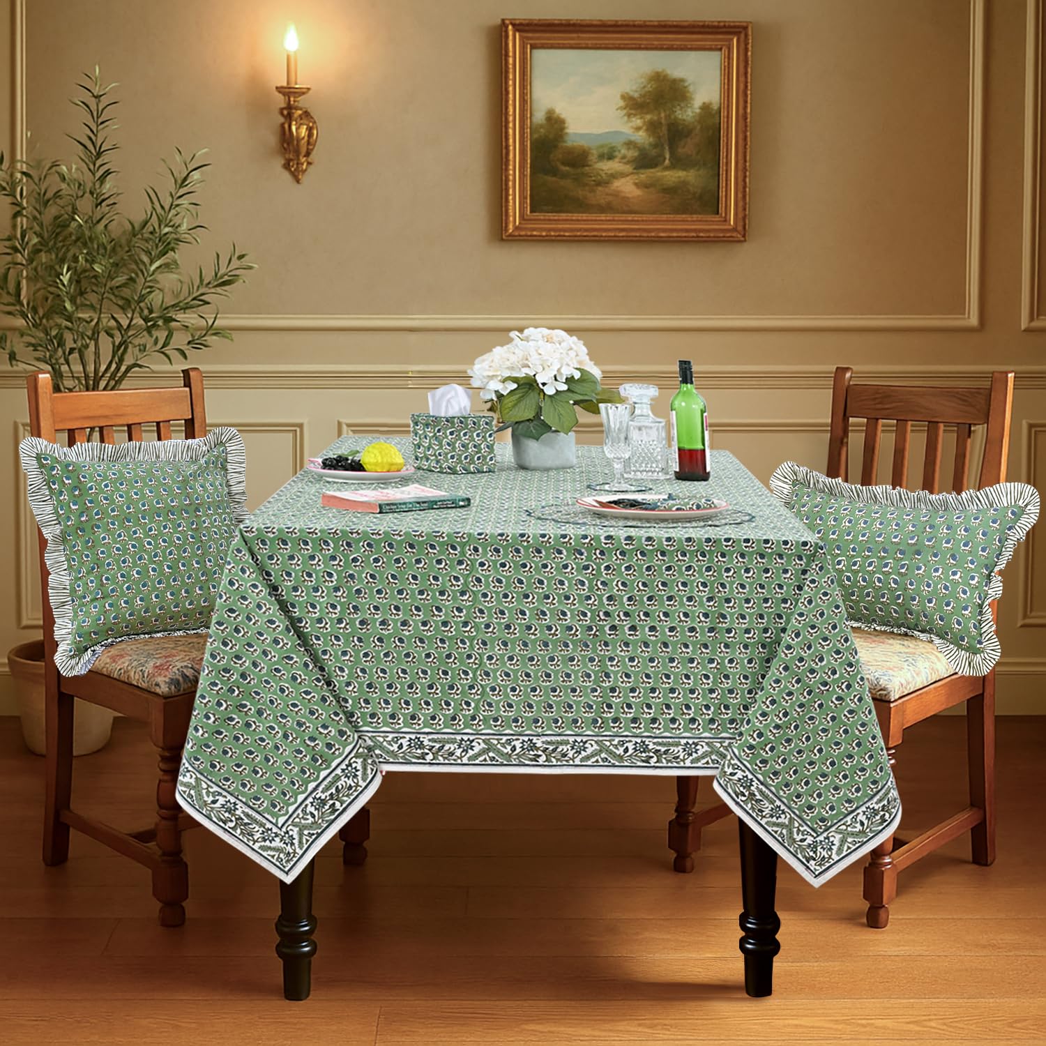 Ridhi Hand Block Print Cotton Tablecloth Set of 2 – Basil Green & Steel Blue 60x60 Inch Square – 100% Cotton Washable Decorative Table Covers for Dining, Farmhouse, Wedding, Fall, Thanksgiving & Chris - Image 4