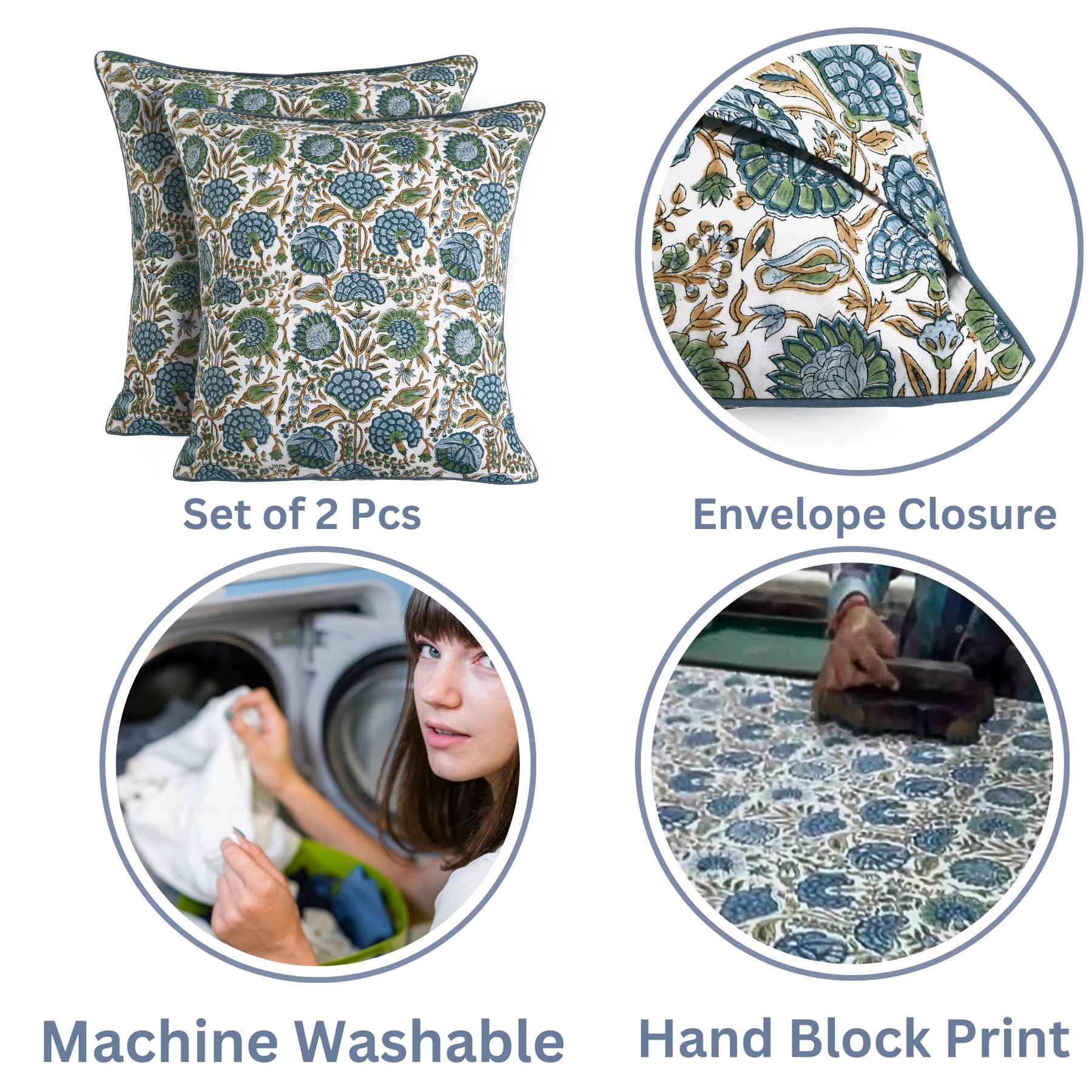 Ridhi Block Print Asparagus Green Pillow Cover 18" x 18" (Pack of 2) Decorative Couch Pillows for Living Room, Farmhouse Chic Boho Cute Outdoor Pillows Covers Gifts for Spring, Mother's Day - Image 3