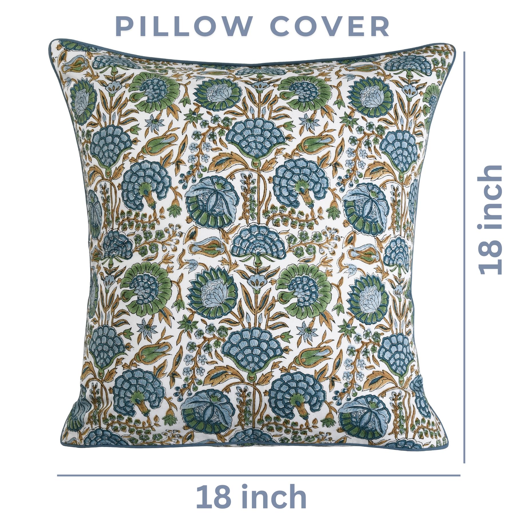 Ridhi Decorative Pillow Cover Bundle – Peacock Blue Ruffle Farmhouse Cotton Cushion Covers (Set of 2, 18x18) & Asparagus Green Block Print Throw Pillow Covers (18x18) for Couch, Sofa, Bed, Living Room - Image 7