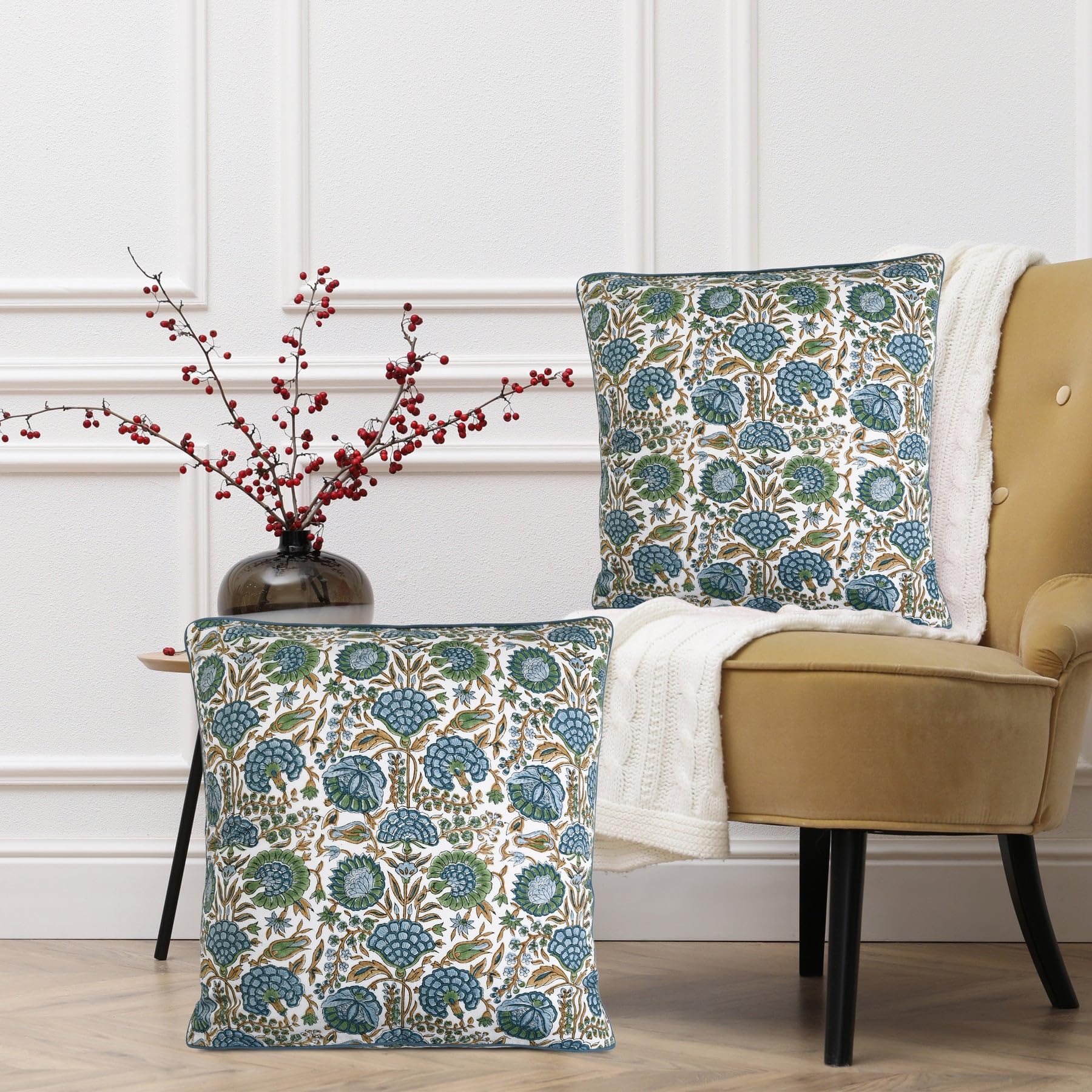 Ridhi Block Print Asparagus Green Pillow Cover 18" x 18" (Pack of 2) Decorative Couch Pillows for Living Room, Farmhouse Chic Boho Cute Outdoor Pillows Covers Gifts for Spring, Mother's Day - Image 5