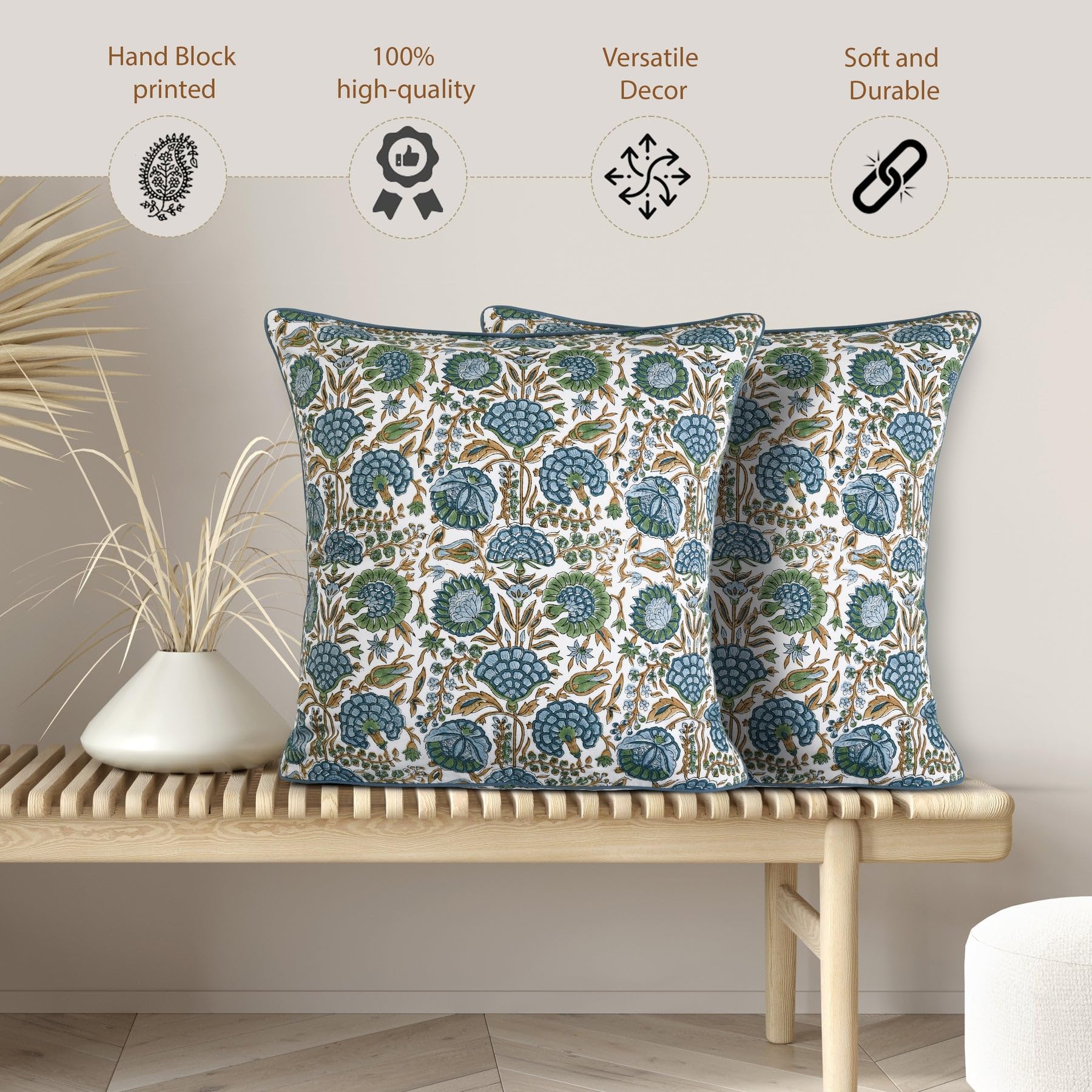 Ridhi Decorative Pillow Cover Bundle – Peacock Blue Ruffle Farmhouse Cotton Cushion Covers (Set of 2, 18x18) & Asparagus Green Block Print Throw Pillow Covers (18x18) for Couch, Sofa, Bed, Living Room - Image 9