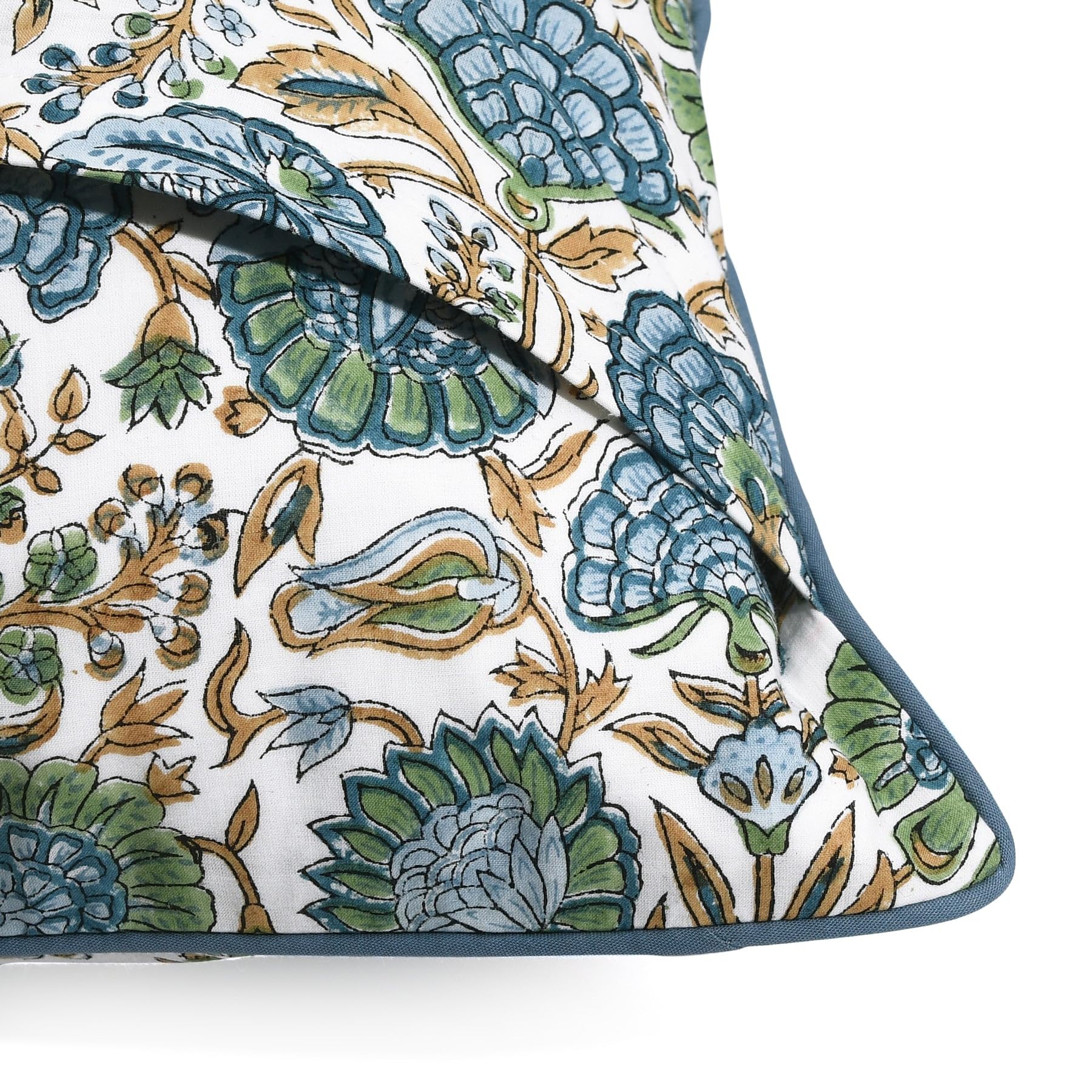 Ridhi Decorative Pillow Cover Bundle – Peacock Blue Ruffle Farmhouse Cotton Cushion Covers (Set of 2, 18x18) & Asparagus Green Block Print Throw Pillow Covers (18x18) for Couch, Sofa, Bed, Living Room - Image 8