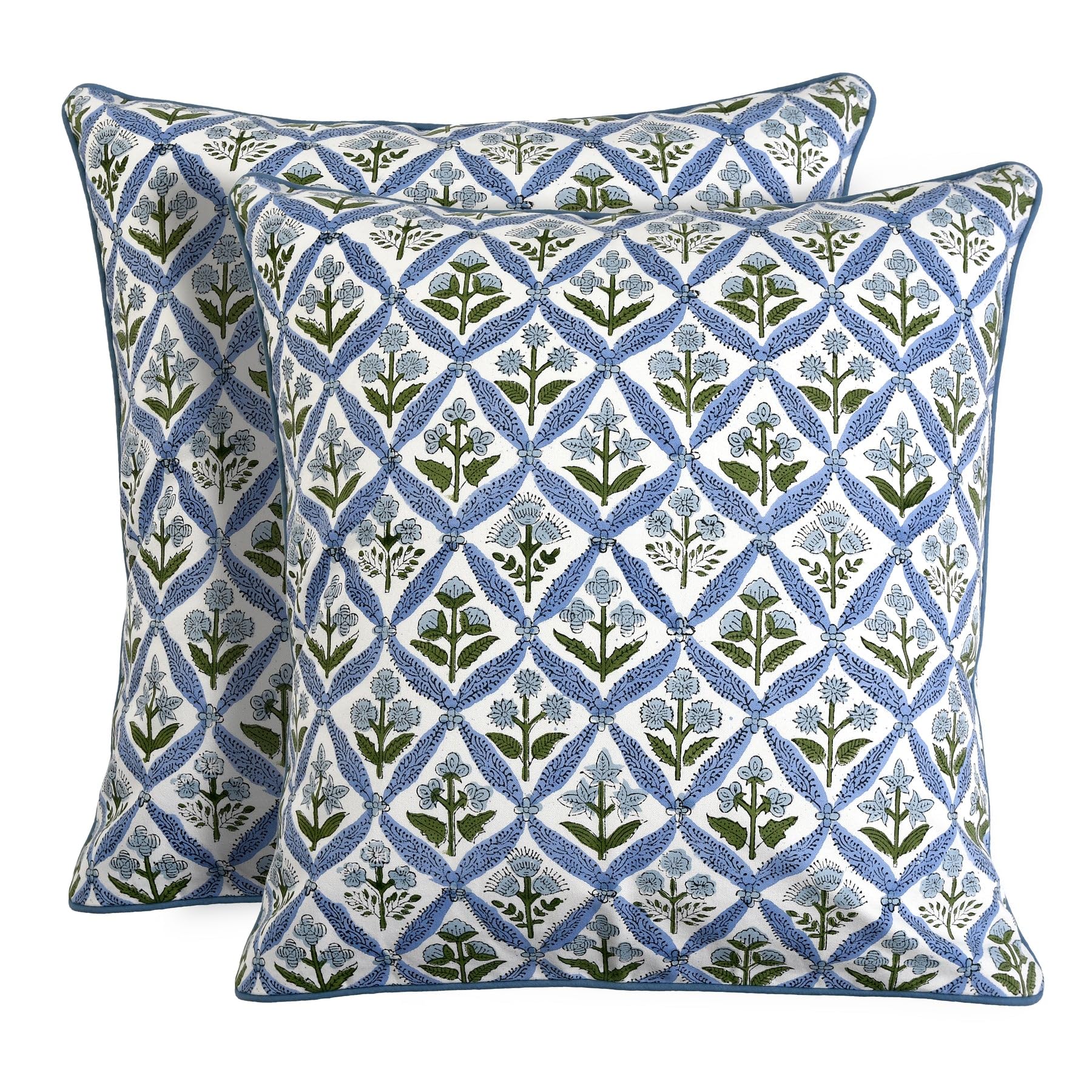 Ridhi Powder Blue & Light Steel Blue Block Print Pillow Covers – Set of 4 (20x20) Grandmillennial & Boho Cotton Throw Pillow Covers for Couch, Sofa, Bedroom, Living Room, Home Decor - Image 6