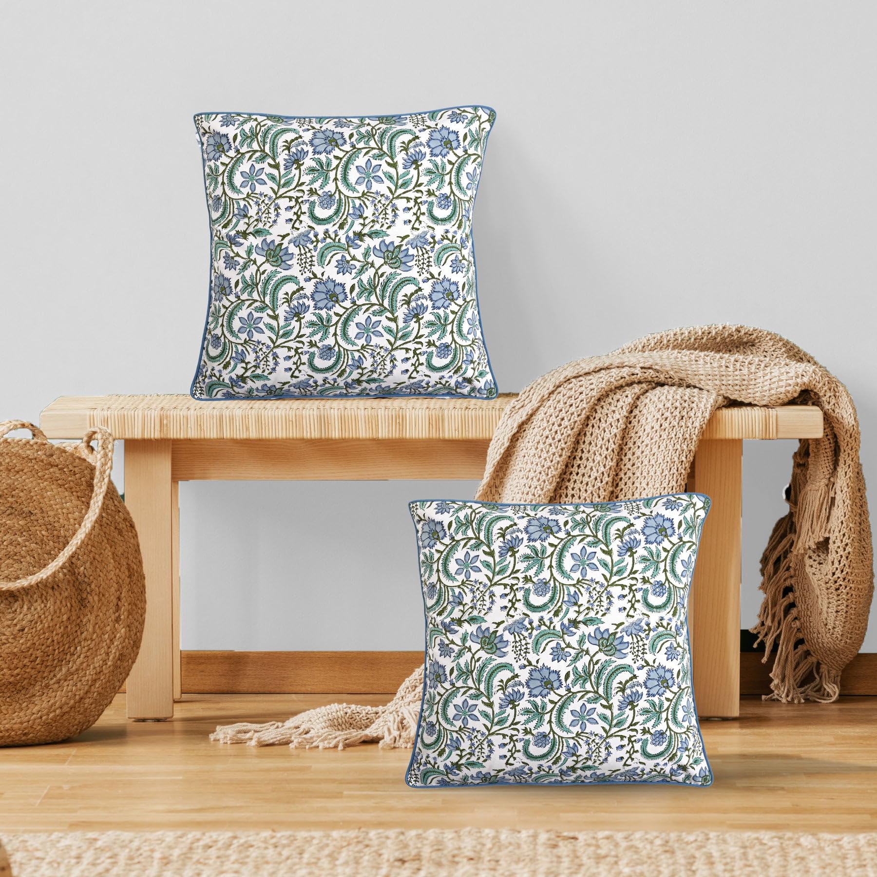 Ridhi Aquamarine & Columbia Blue Cotton Pillow Covers Bundle – Set of 4 Modern Farmhouse & Block Print Decorative Throw Cushion Covers for Couch, Sofa, Bed, Living Room & Patio | 20x20 Inch Boho Home - Image 7