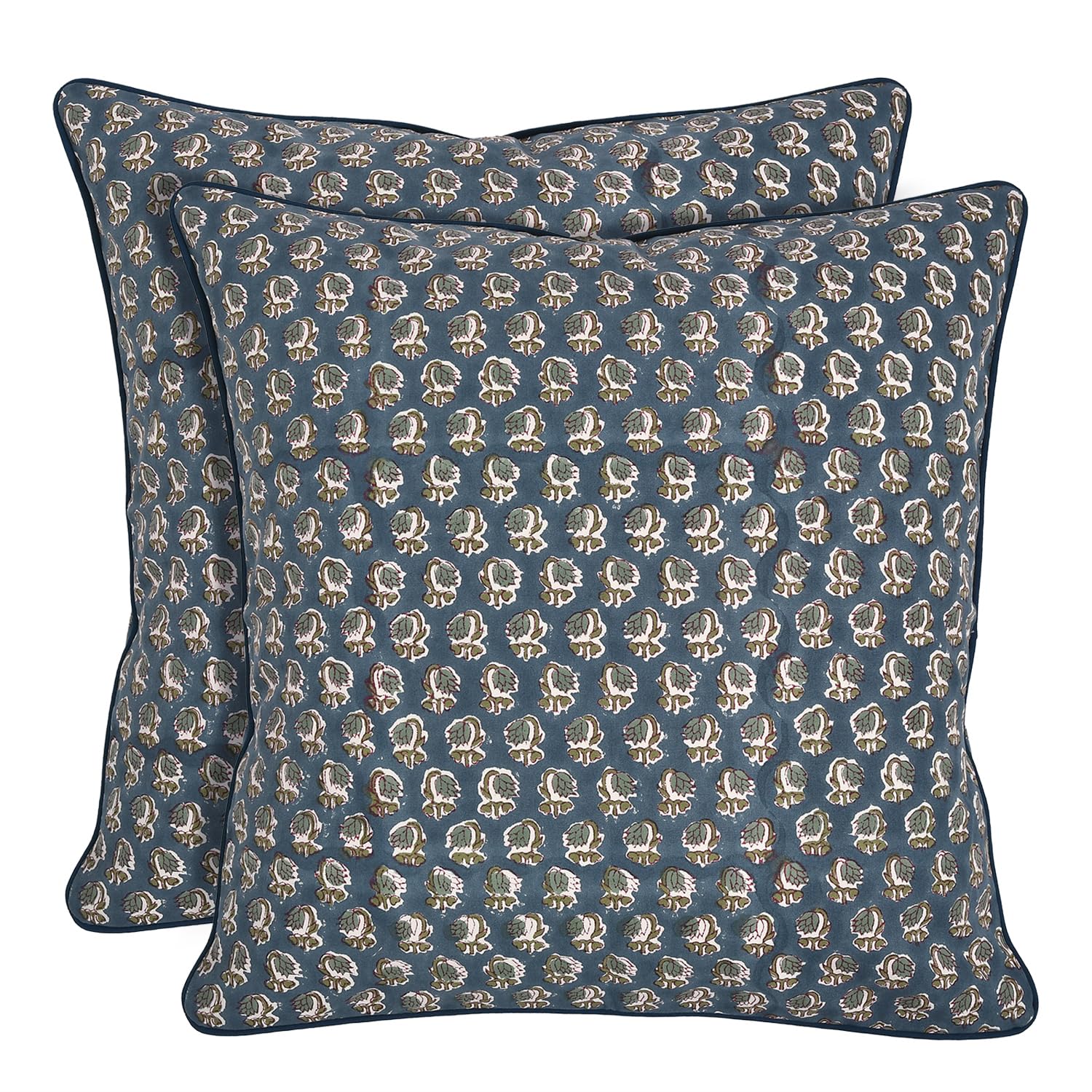 Ridhi Decorative Cotton Throw Pillow Cover Set of 3 – Basil Green Block Print & Peacock Blue Modern Farmhouse 18x18 Cushion Covers for Couch, Sofa, Living Room & Boho Home Decor - Image 6