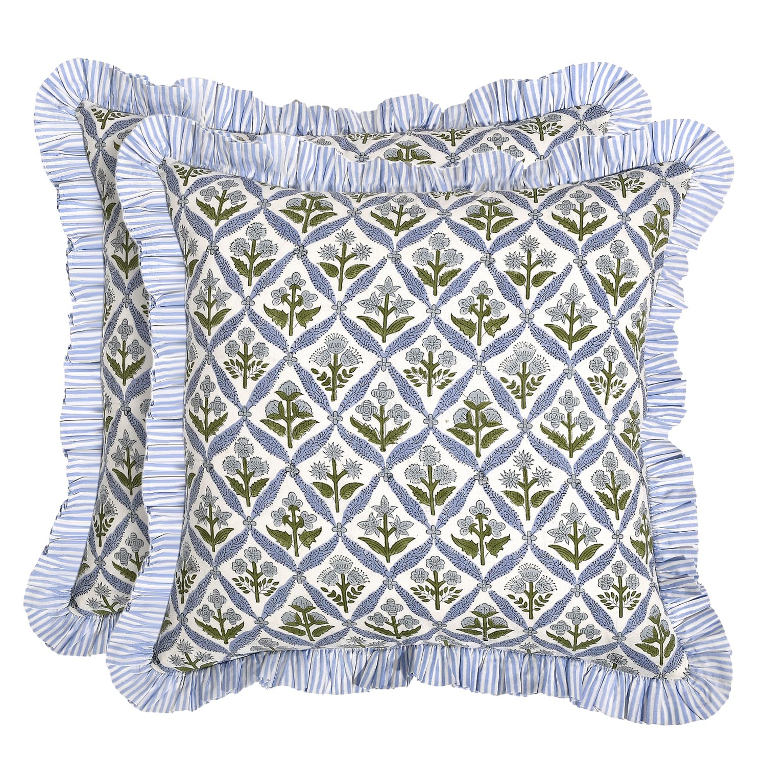 Ridhi Modern Farmhouse Pillow Cover Bundle – Set of 2 Asparagus Green Ruffle Cushion Covers + Set of 2 Light Steel Blue Ruffle Cushion Covers, 24x24 Cotton Throw Pillows for Couch, Sofa & Bed - Image 6