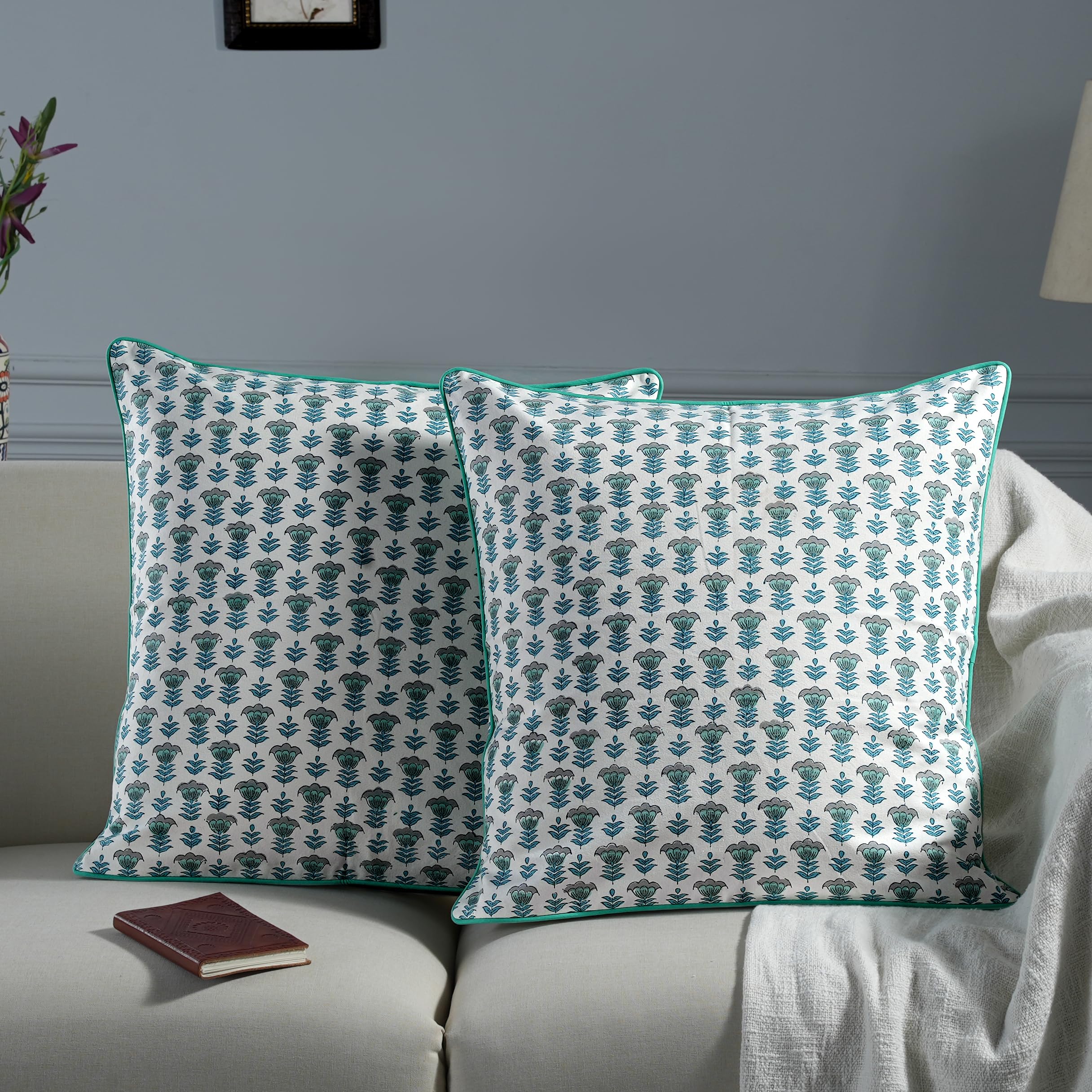 Ridhi Aquamarine & Columbia Blue Cotton Pillow Covers Bundle – Set of 4 Modern Farmhouse & Block Print Decorative Throw Cushion Covers for Couch, Sofa, Bed, Living Room & Patio | 20x20 Inch Boho Home - Image 3