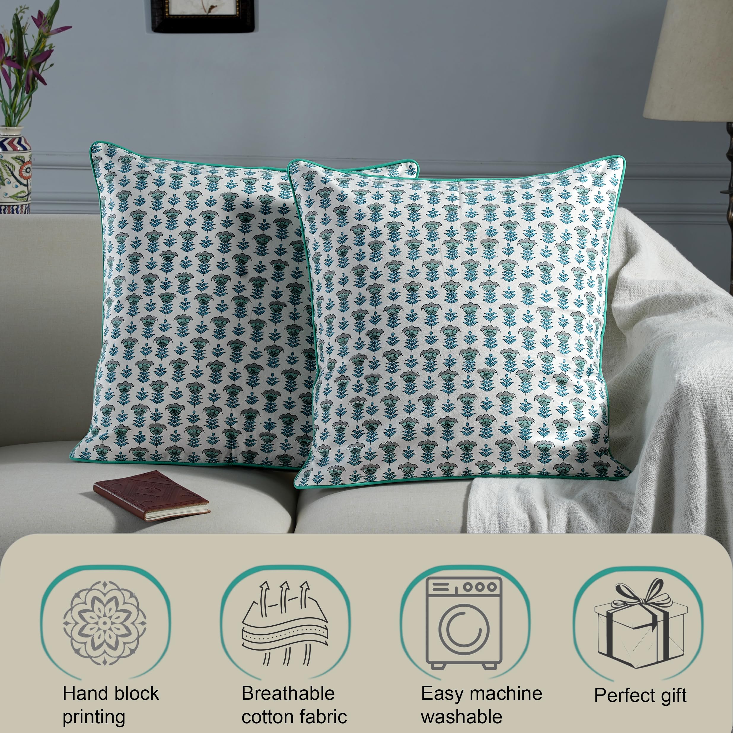 Ridhi Aquamarine & Columbia Blue Cotton Pillow Covers Bundle – Set of 4 Modern Farmhouse & Block Print Decorative Throw Cushion Covers for Couch, Sofa, Bed, Living Room & Patio | 20x20 Inch Boho Home - Image 5