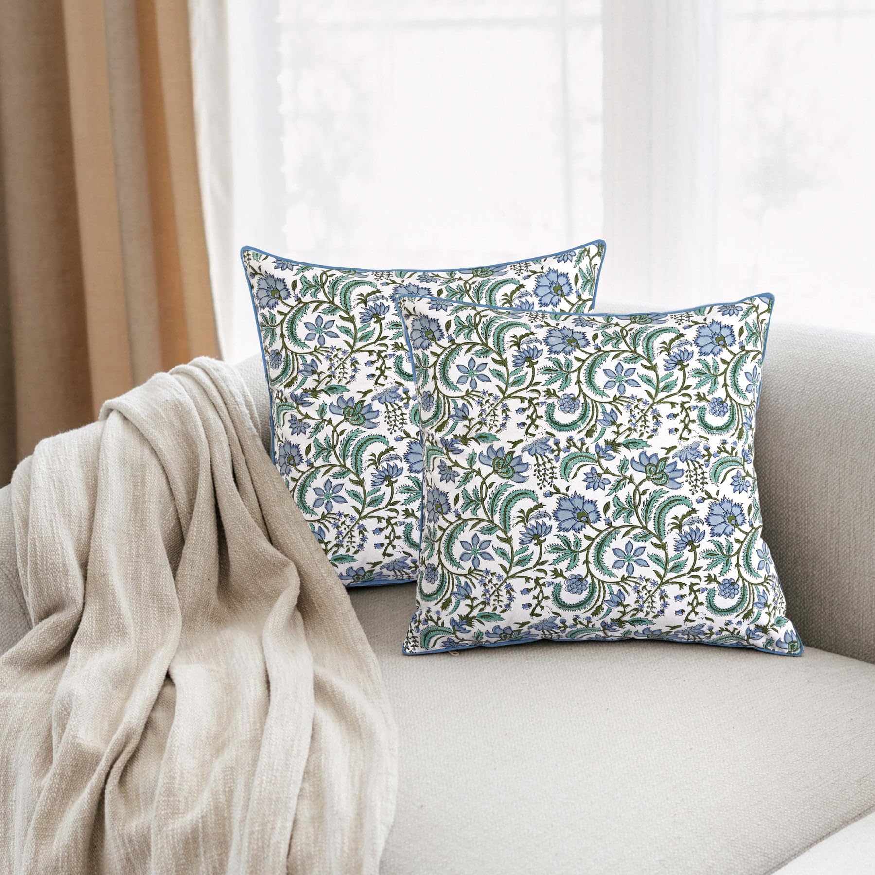 Ridhi Cotton Throw Pillow Covers Set of 2 – Columbia Blue & Asparagus Green 20x20 Inch – Hand Block Print Decorative Cushion Covers for Couch, Sofa, Bed, Living Room, Farmhouse & Everyday Home Decor - Image 3
