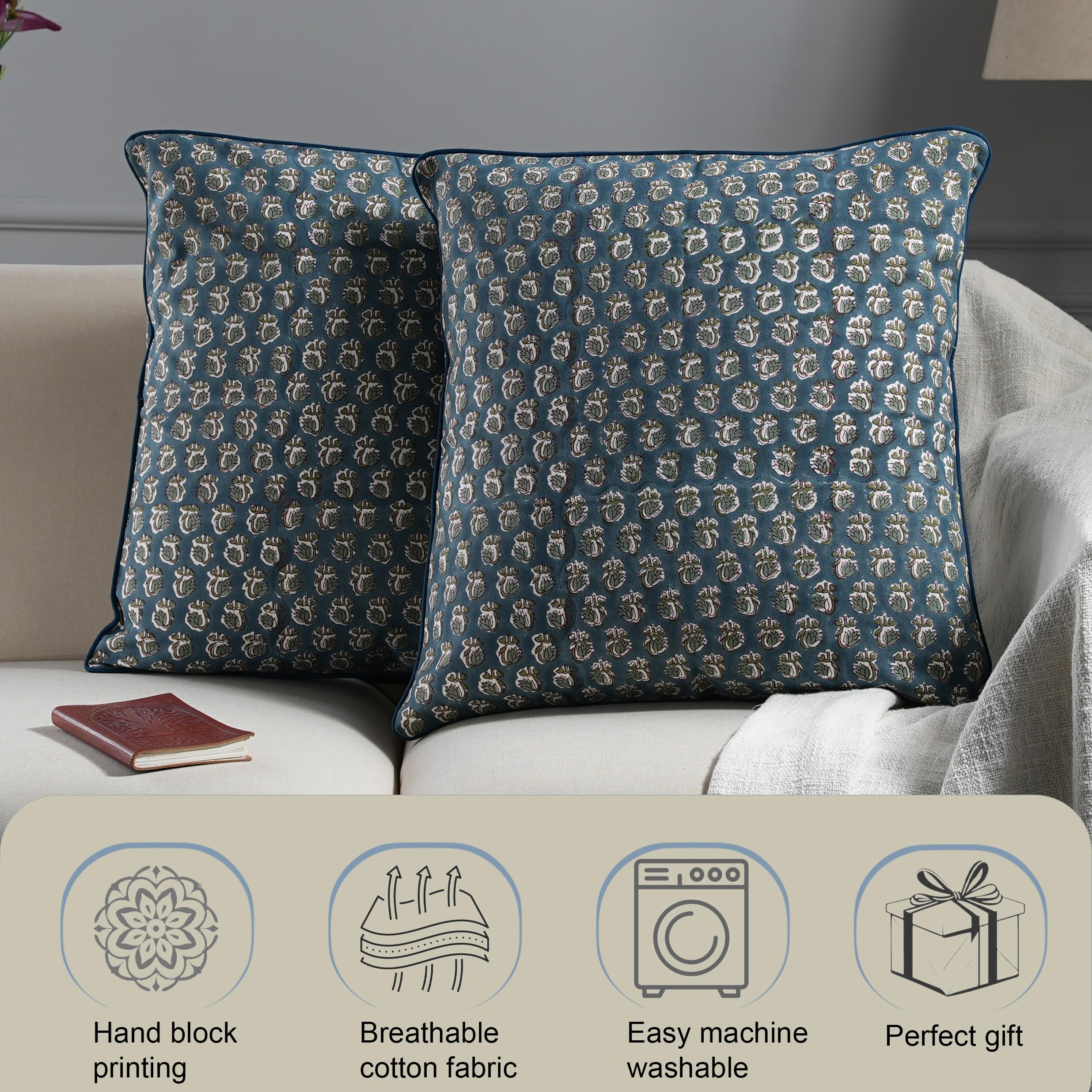 Ridhi Decorative Cotton Throw Pillow Cover Set of 3 – Basil Green Block Print & Peacock Blue Modern Farmhouse 18x18 Cushion Covers for Couch, Sofa, Living Room & Boho Home Decor - Image 9