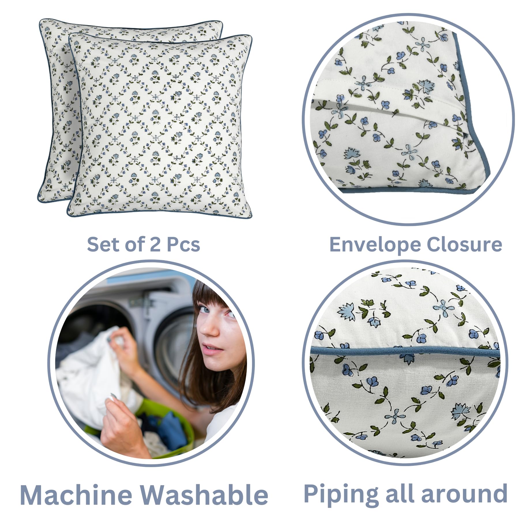 Ridhi Powder Blue & Light Steel Blue Block Print Pillow Covers – Set of 4 (20x20) Grandmillennial & Boho Cotton Throw Pillow Covers for Couch, Sofa, Bedroom, Living Room, Home Decor - Image 4