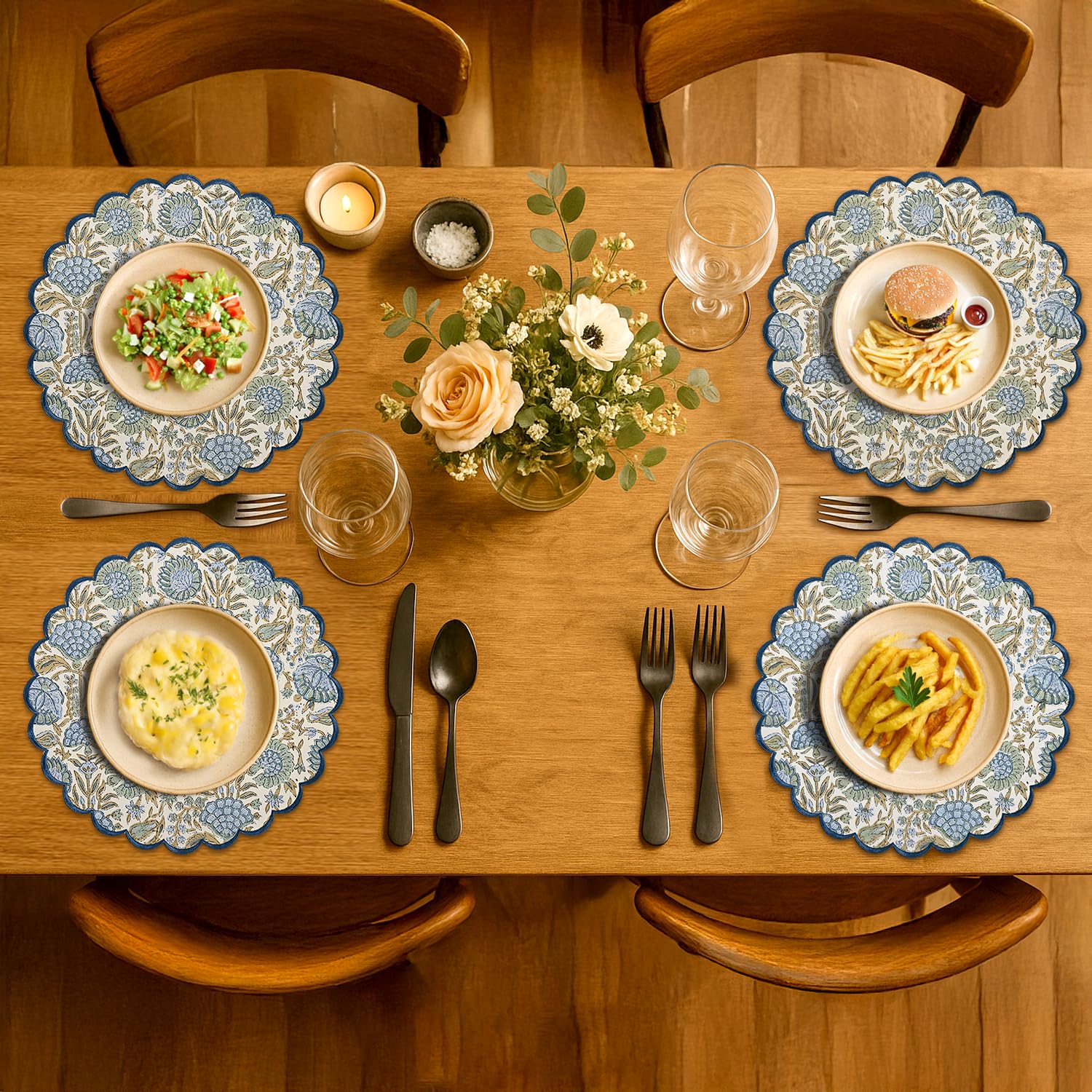 Ridhi Bo-ho Round Place Mat Easter Floral Cotton Washable Placemats 15" Round Embroidery Block Print Table Mat (Pack of 4-15 Inch Round, Asparagus Green) - Image 3