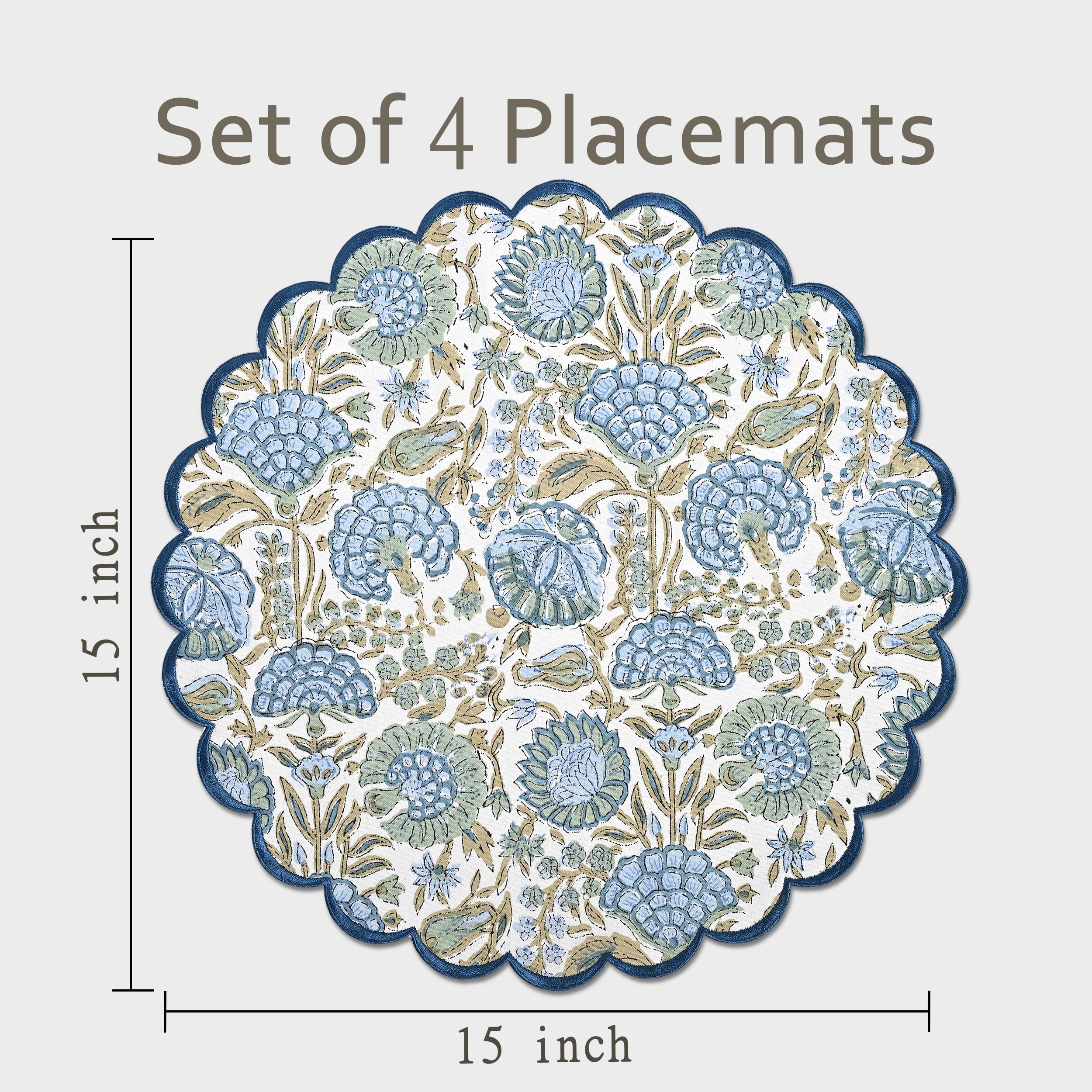 Ridhi Bo-ho Round Place Mat Easter Floral Cotton Washable Placemats 15" Round Embroidery Block Print Table Mat (Pack of 4-15 Inch Round, Asparagus Green) - Image 4