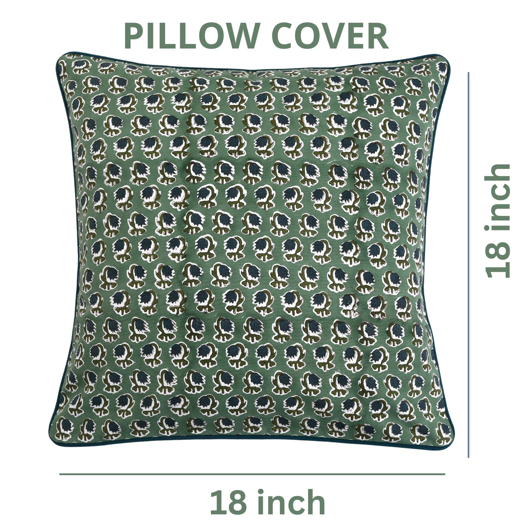 Ridhi Decorative Cotton Throw Pillow Cover Set of 3 – Basil Green Block Print & Peacock Blue Modern Farmhouse 18x18 Cushion Covers for Couch, Sofa, Living Room & Boho Home Decor - Image 4