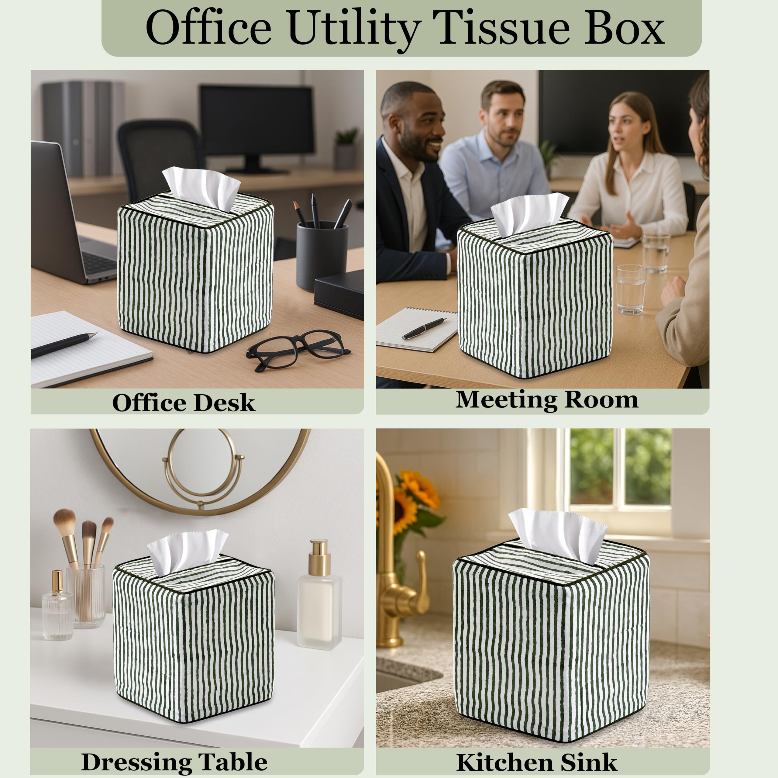 Ridhi Green Stripe Block Print Tissue Box Cover Handmade Cotton Fabric Decorative Square Napkin Holder for Home Bedroom Living Room Bathroom Vanity Countertop Car Night Stands Office Kitchen - Image 5