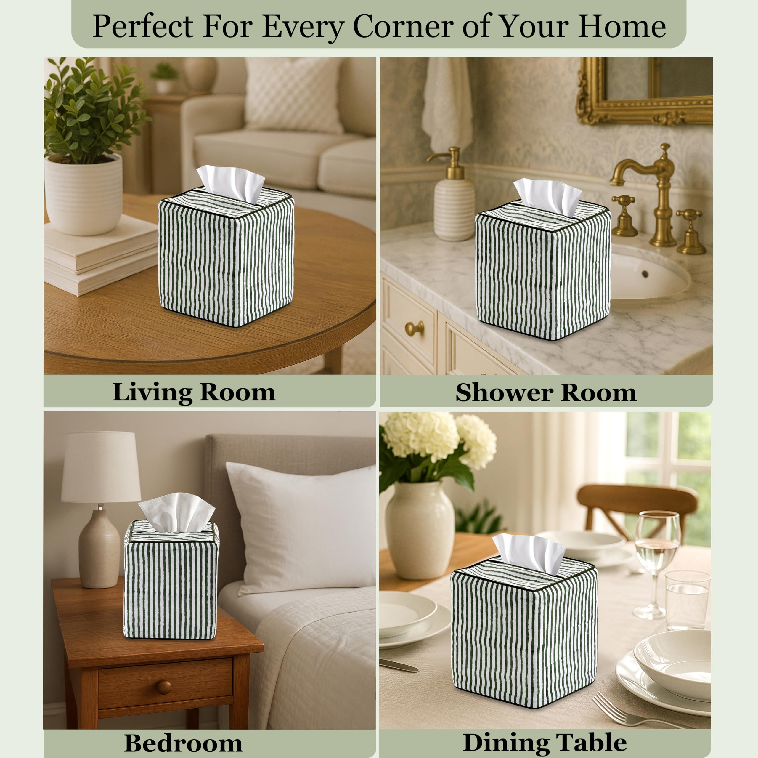 Ridhi Green Stripe Block Print Tissue Box Cover Handmade Cotton Fabric Decorative Square Napkin Holder for Home Bedroom Living Room Bathroom Vanity Countertop Car Night Stands Office Kitchen - Image 6