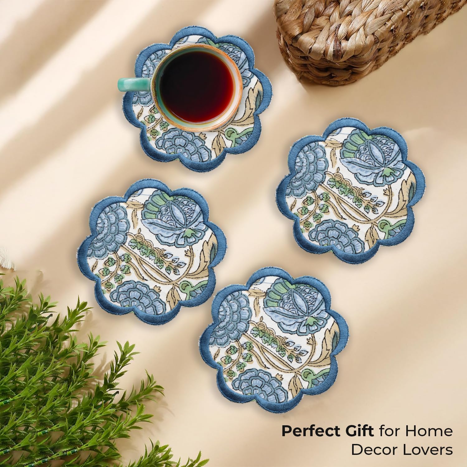 Ridhi Hand Block Print 8- pcs Canvas Cotton Drink Absorbent Stylish Embroidery Scallop Coaster Set Boho Modern Home Decor and Wooden Table Protection 5 inch Asparagus Green - Image 7