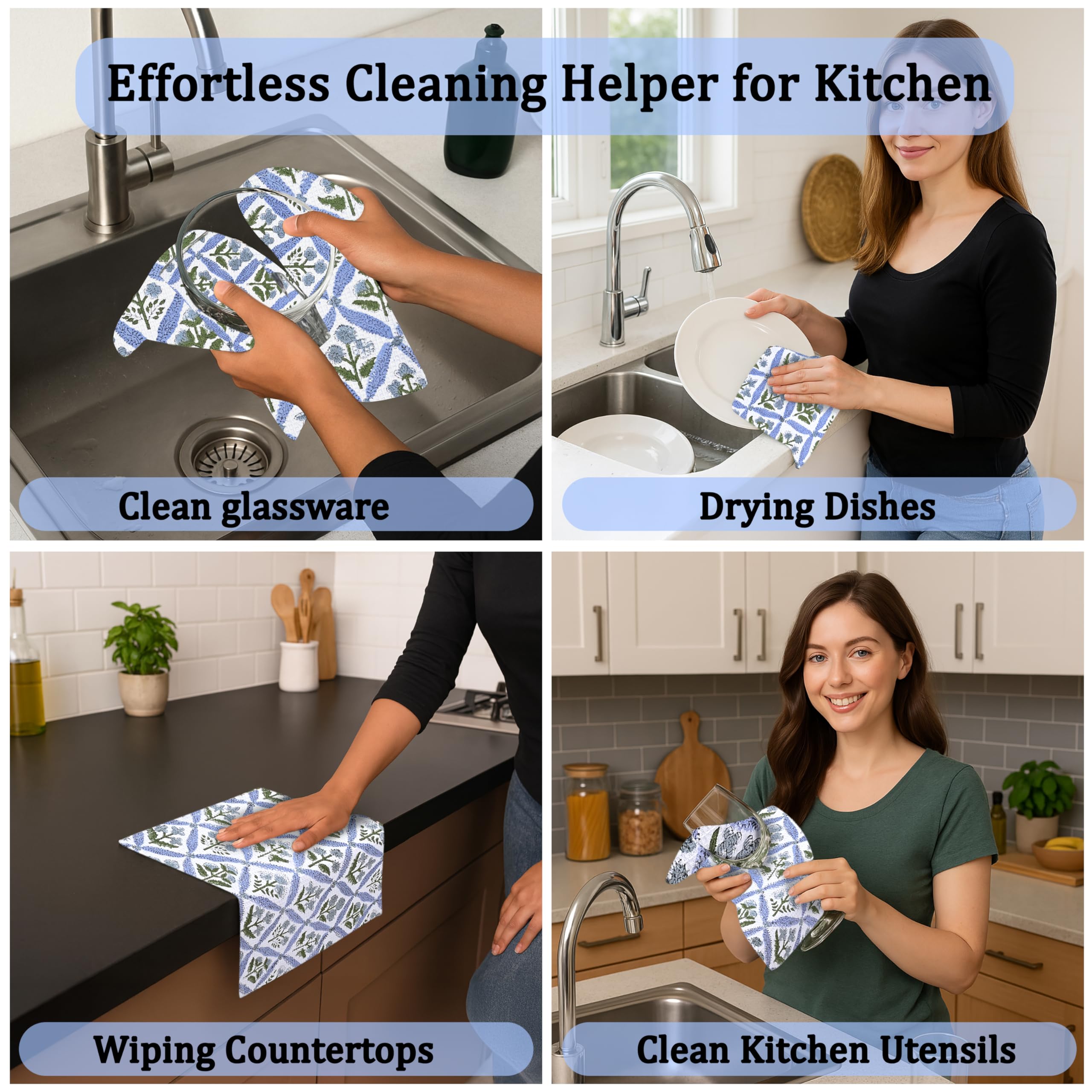 Ridhi Light Steel Blue Hand Block Print Cotton Waffle Dish Cloth Set of 6-12x12 Inch Super Absorbent, Soft, Reusable Kitchen Towels for Dish Drying Cleaning, Ideal for Spring, Easter, Valentine - Image 3