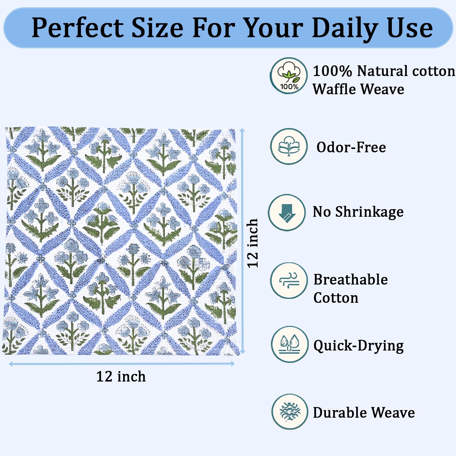 Ridhi Light Steel Blue Hand Block Print Cotton Waffle Dish Cloth Set of 6-12x12 Inch Super Absorbent, Soft, Reusable Kitchen Towels for Dish Drying Cleaning, Ideal for Spring, Easter, Valentine - Image 5