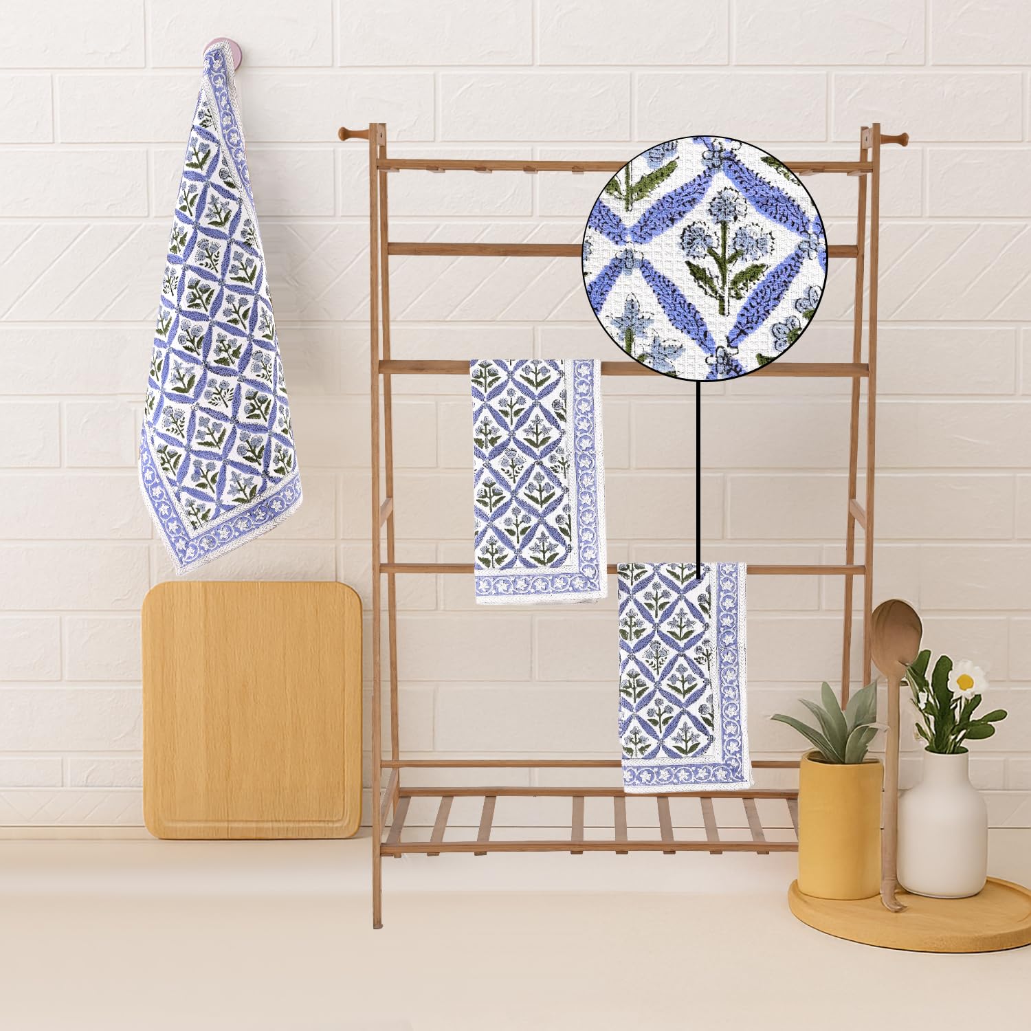 Ridhi Light Steel Blue Hand Block Print Waffle Kitchen Towel Set of 3-16 x28 Ultra Absorbent Quick Dry 100% Cotton Dish Towels Lightweight Reusable Sustainable Tea Towels for Cleaning and Drying - Image 6
