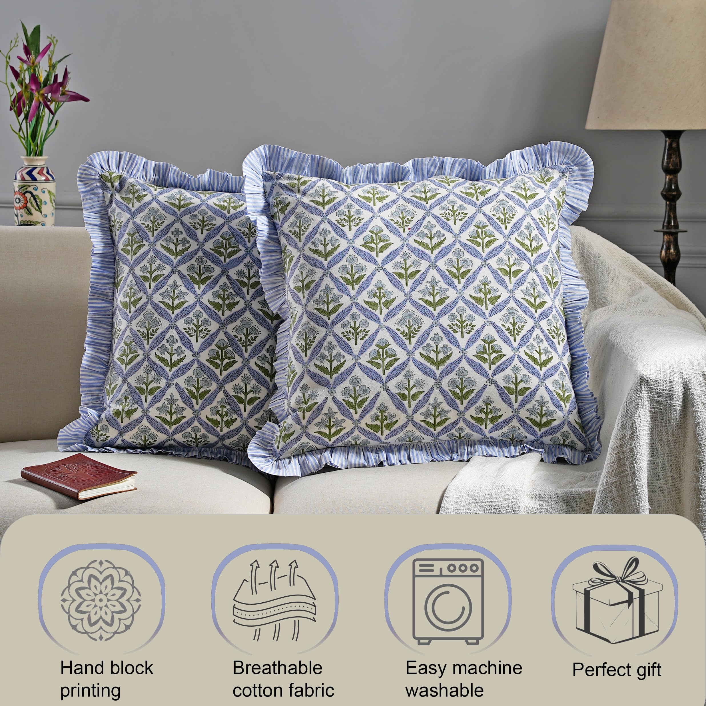 Ridhi Modern Farmhouse Pillow Cover Bundle – Set of 2 Asparagus Green Ruffle Cushion Covers + Set of 2 Light Steel Blue Ruffle Cushion Covers, 24x24 Cotton Throw Pillows for Couch, Sofa & Bed - Image 9