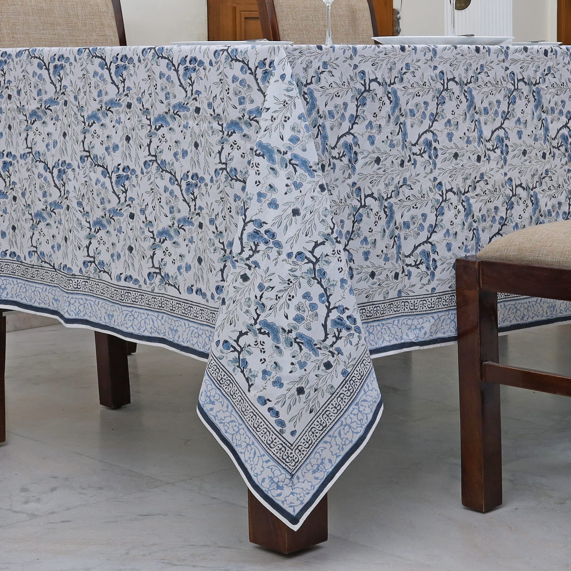 Ridhi Hand Block Print Cotton Tablecloth Set of 2 – Spruce Carolina Blue & Steel Blue 60x60 Square Washable Table Covers for Dining, Home, Wedding, Banquet, Spring/Summer & Fall Use - Image 3