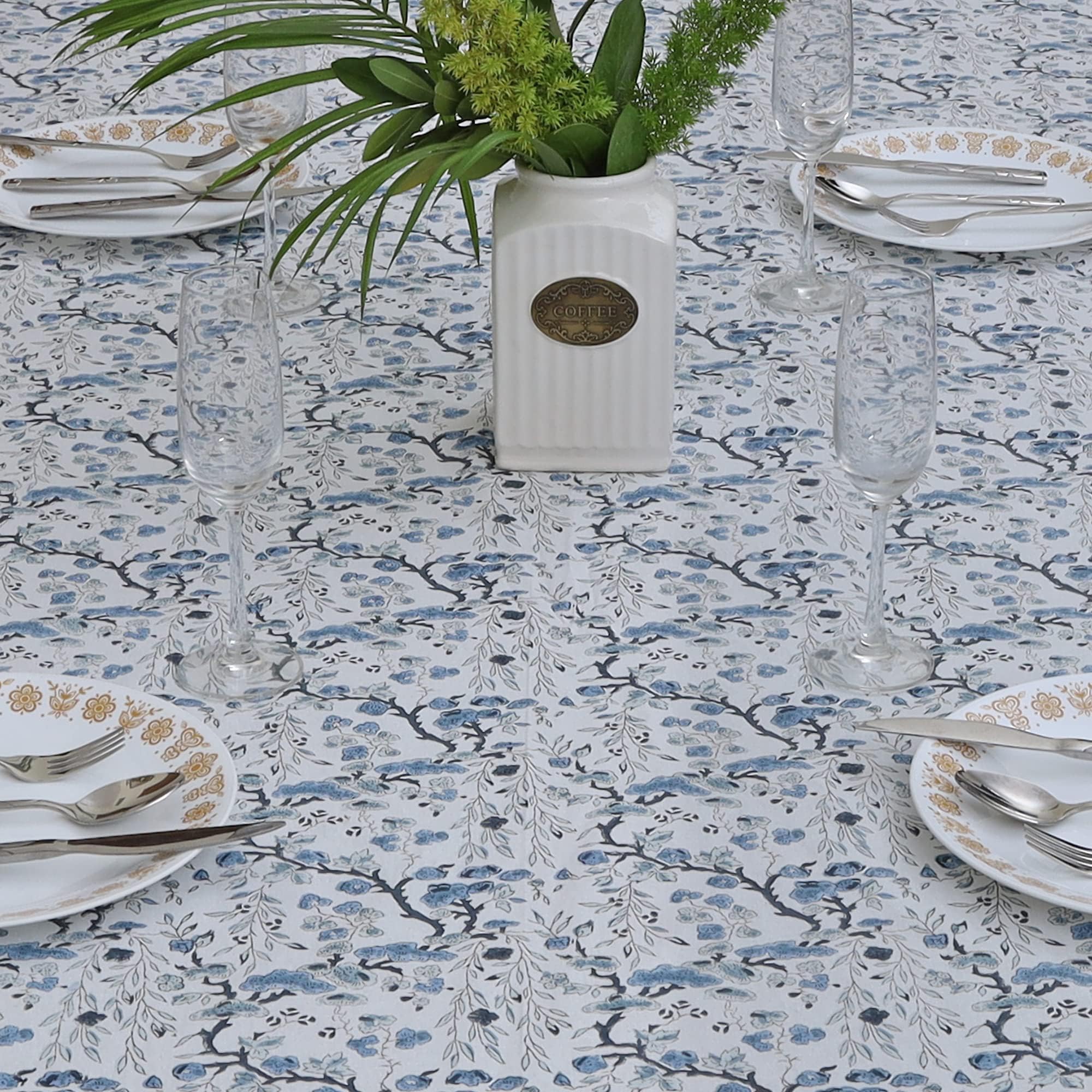 Ridhi Spruce Carolina Blue Block Print Cotton Rectangle Tablecloth 60" x 60" inches Reusable Table Cover Decorative Everyday Use for Dining Room, Farmhouse, Home Gift for Spring, Mother's Day - Image 4