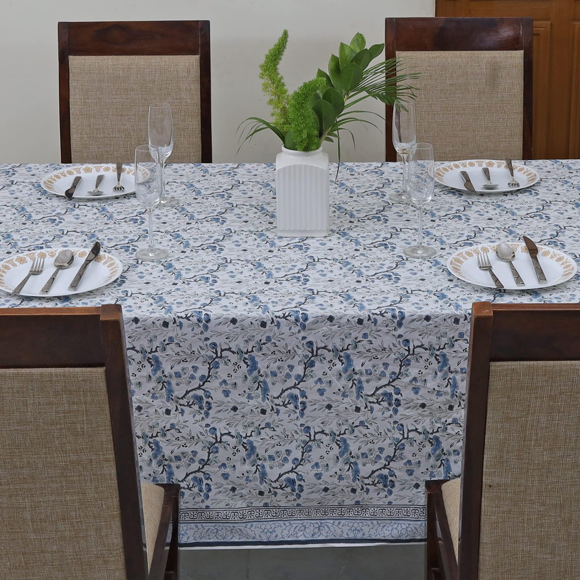 Ridhi Spruce Carolina Blue Block Print Cotton Rectangle Tablecloth 60" x 60" inches Reusable Table Cover Decorative Everyday Use for Dining Room, Farmhouse, Home Gift for Spring, Mother's Day - Image 5
